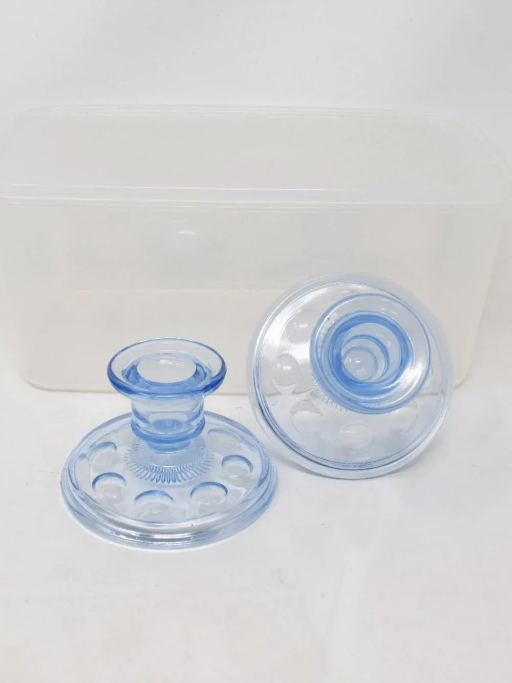 2 Imperial Ice Blue Old English Candlestick Holders Glass Thumbprint Olive Dots